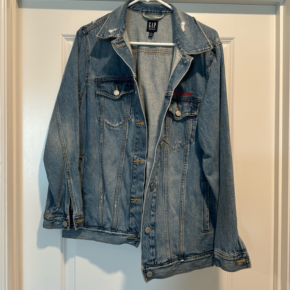 GAP jeans. Denim jacket. Budweiser stitching.
